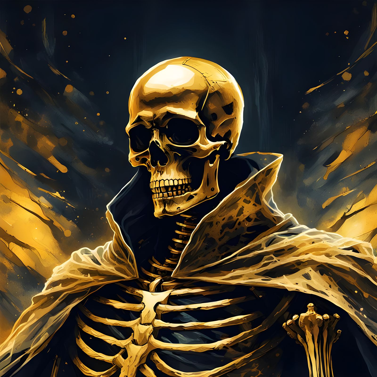 Golden Skeleton in Cape: Dynamic Watercolor Concept Art