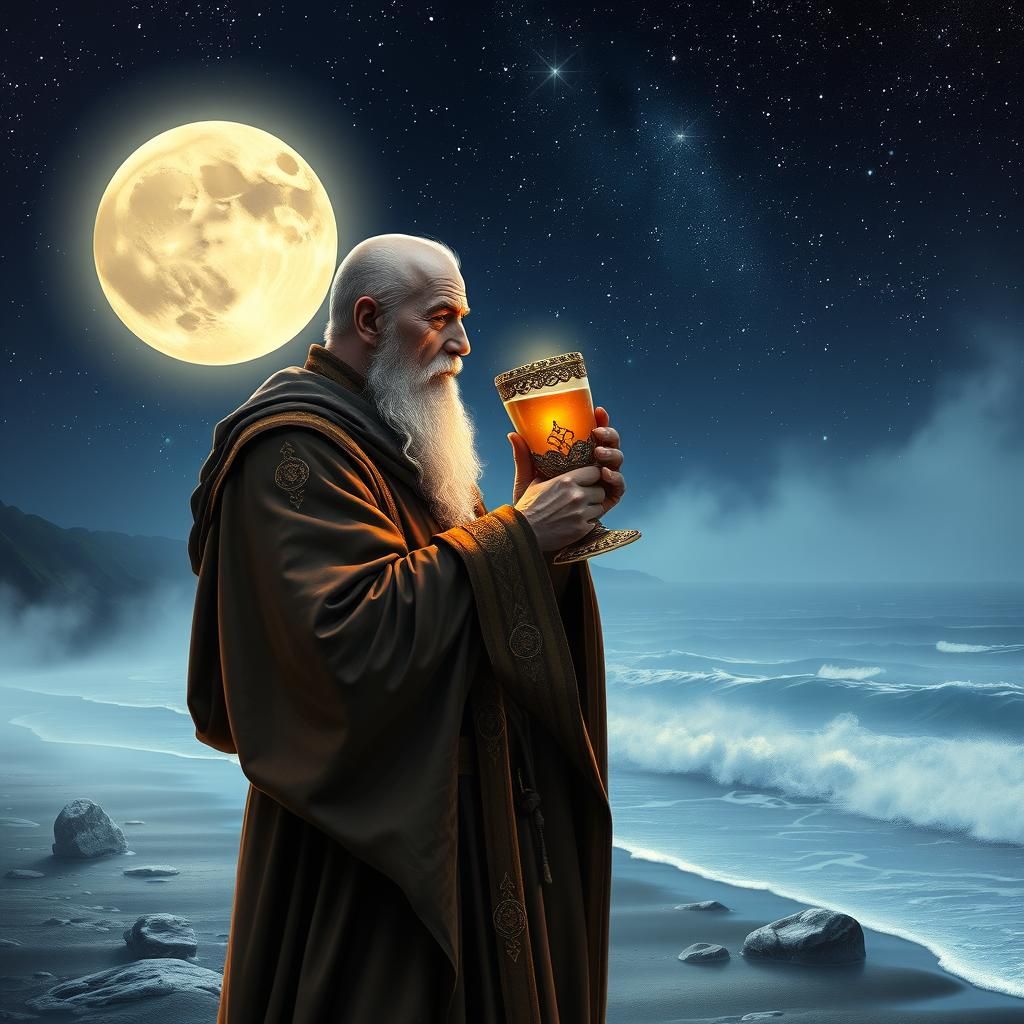 Monk Sipping Mead Under Moonlit Coastline