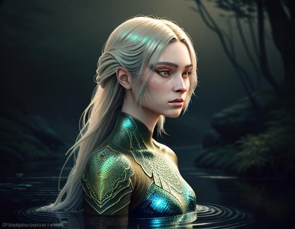 Female Amphibioid in Misty Pond: 3D Game Art