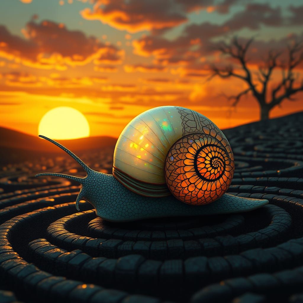 Opal Snail Navigates Labyrinth at Sunset: Surreal Art