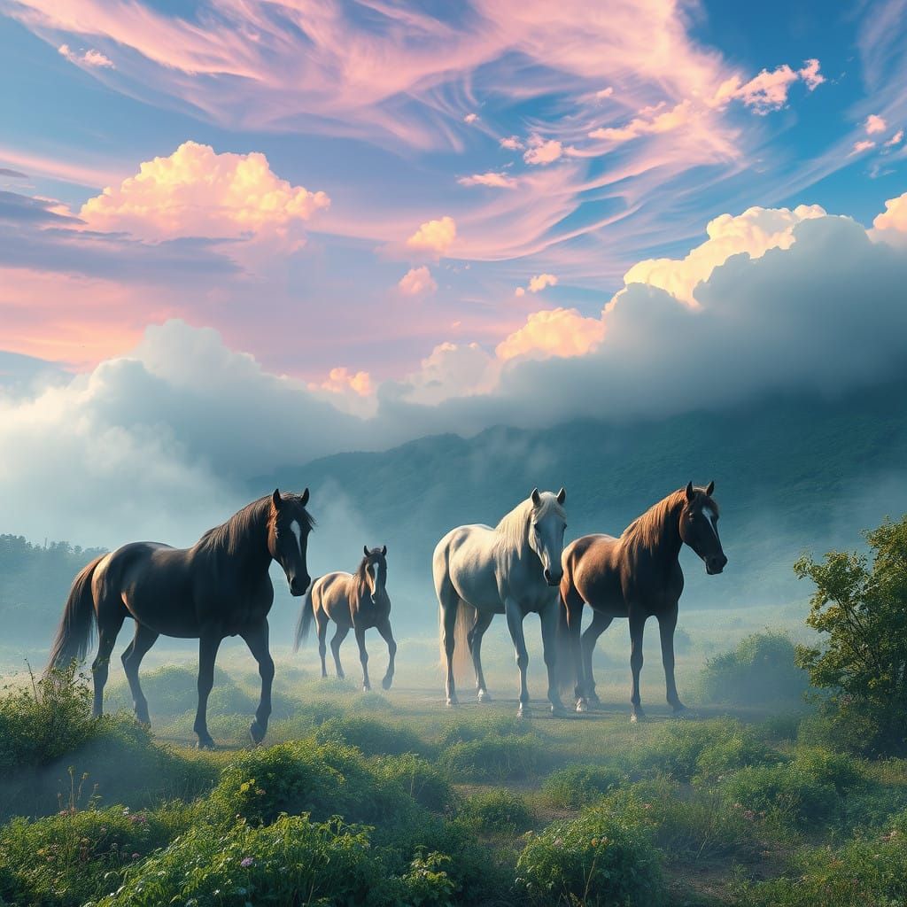 Surreal Black and White Horses in an Ethereal Landscape