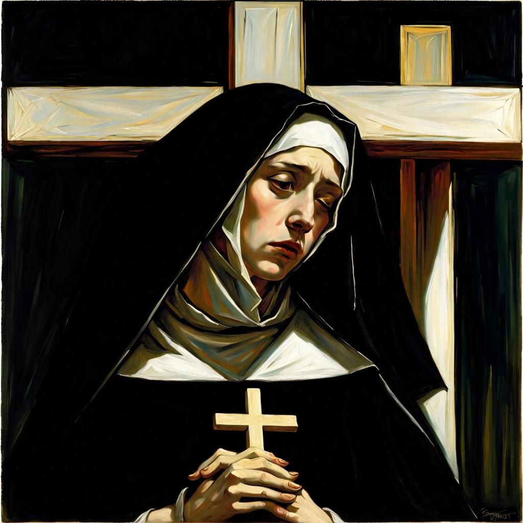 Surreal Mournful Nun with Cross in Classical Style