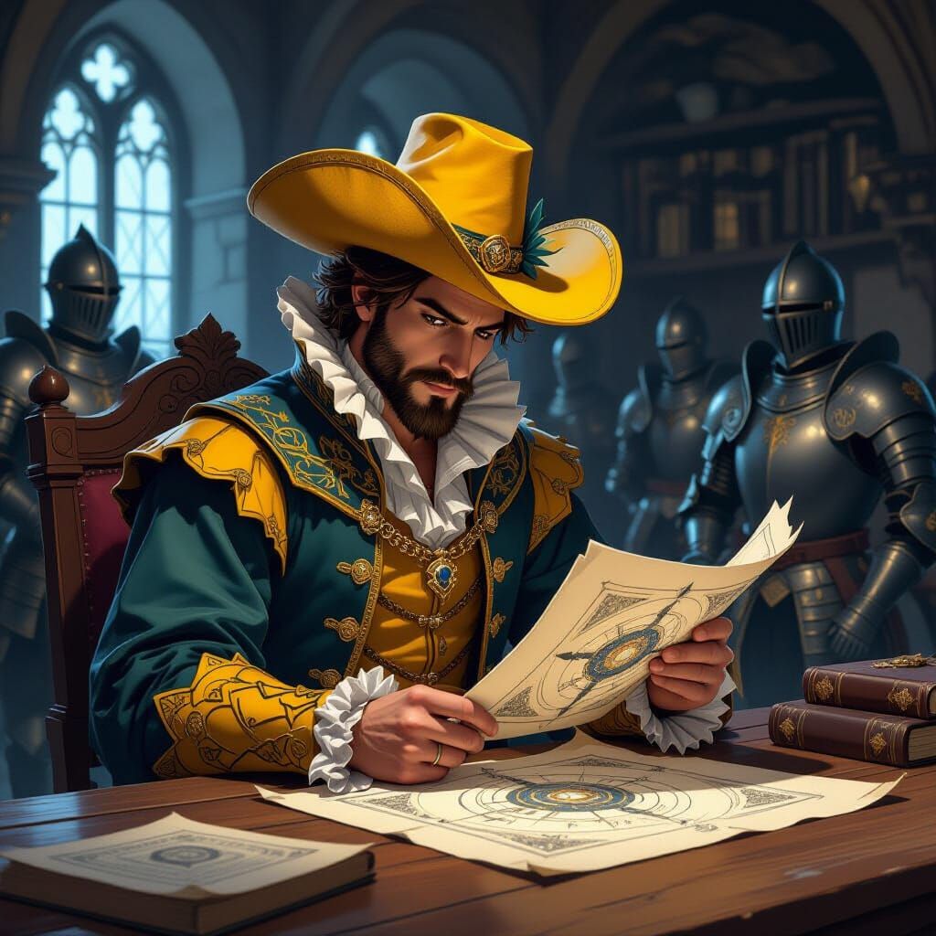 Renaissance Scholar Studies Mystical Artifact in Anime Style