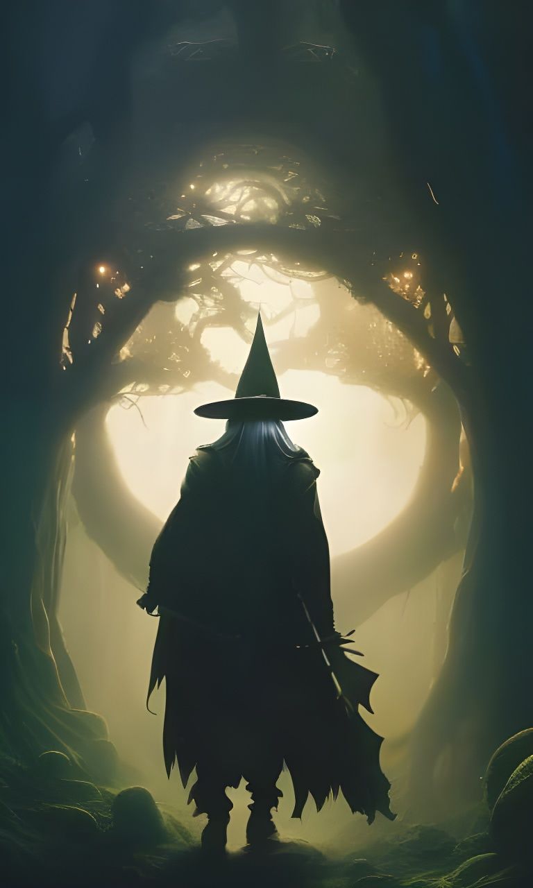 Wizard Silhouette Entering Magical Portal in Forest