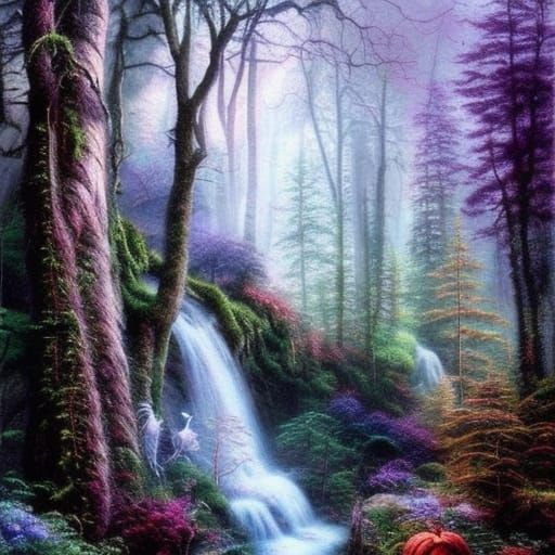 Spooky Forest Waterfall in Hyperrealistic Style
