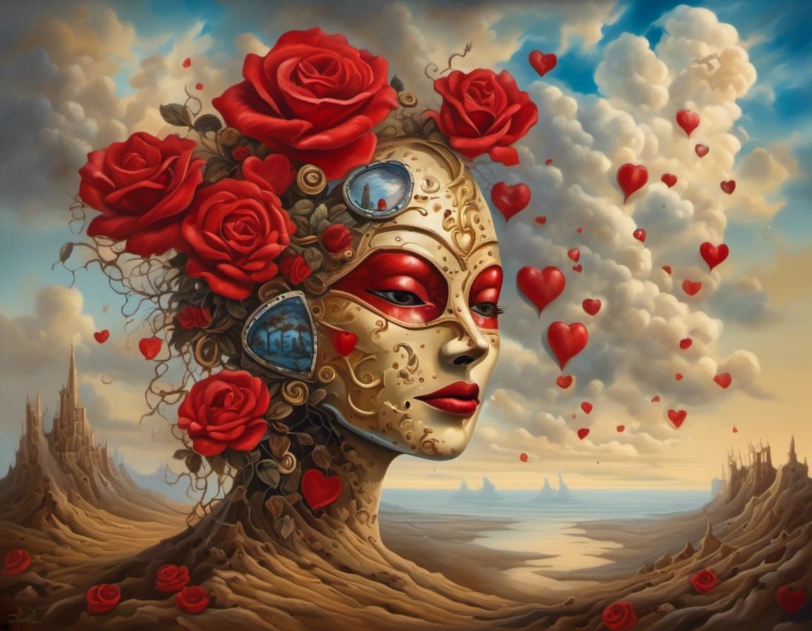 Surreal Woman Mask Landscape, Oil Painting Style