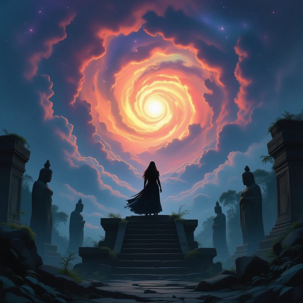 Witch on Temple Silhouette Against Cosmic Sky in Dark Fantas...