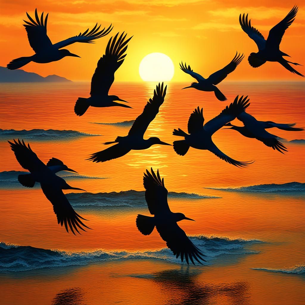 Exotic Birds Flying at Sunset: Detailed Matte Painting