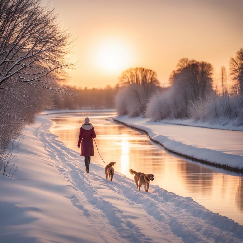 Winter River Scene with Woman and Dog