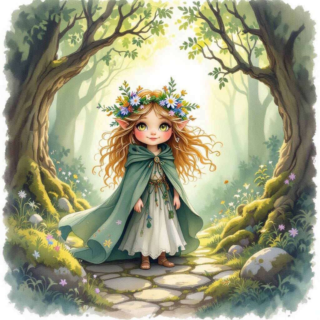 Mischievous Forest Spirit in Watercolor Style
