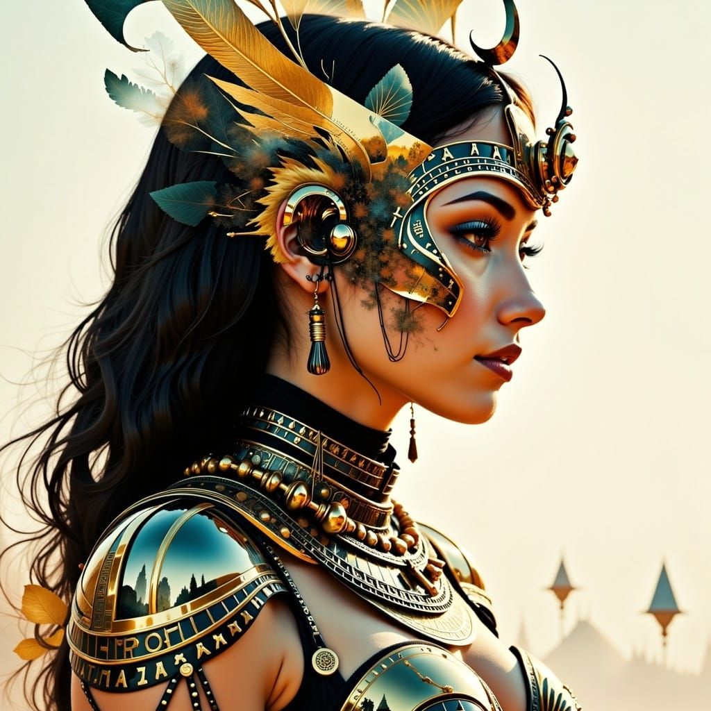 Cleopatra in Gold Exosuit with Digital Hieroglyphics
