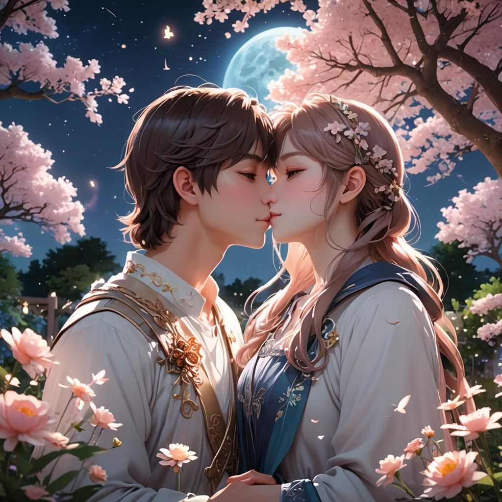 Romantic Couple in Moonlit Garden: 3D Anime Art