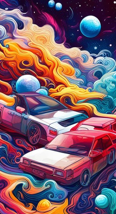 Flying Cars in Colorful Universe Graffiti Art