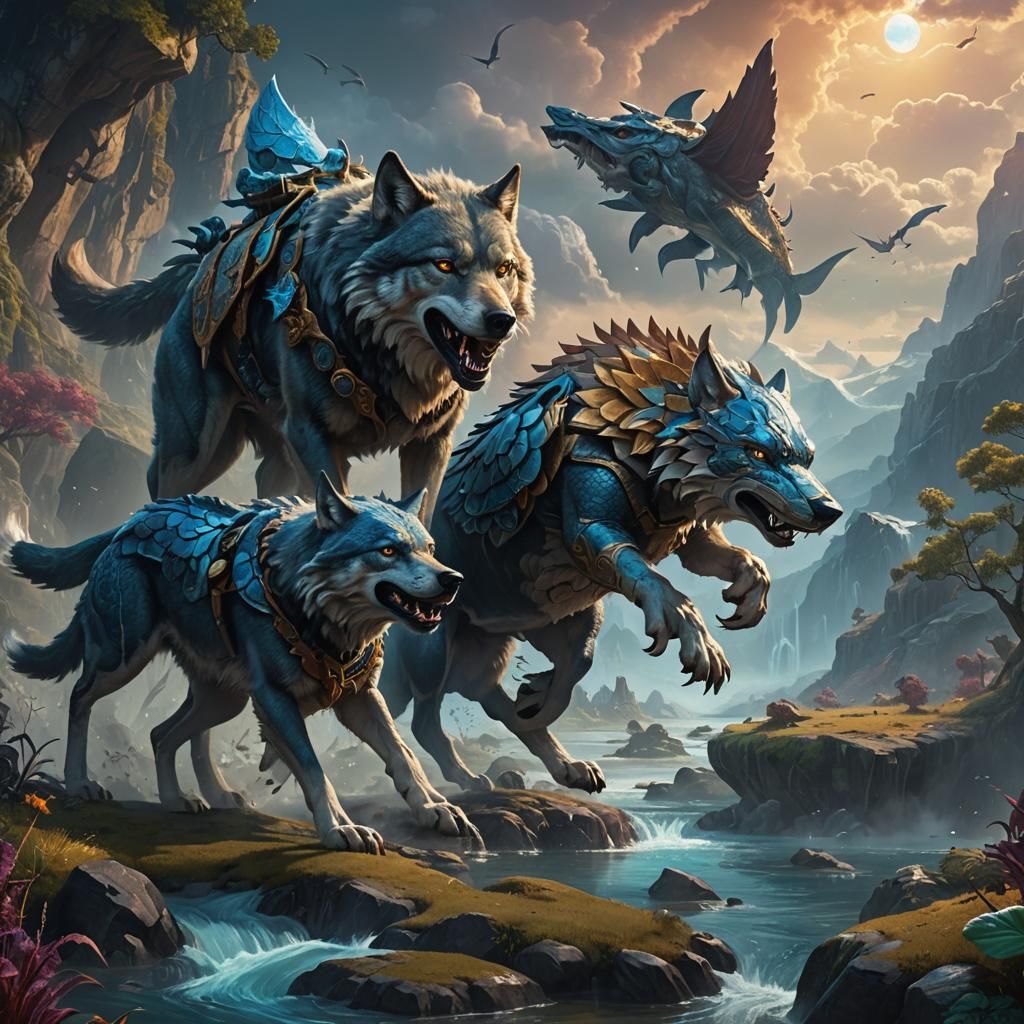 Wolf and Flying Fishopotamus in Fantasy Landscape