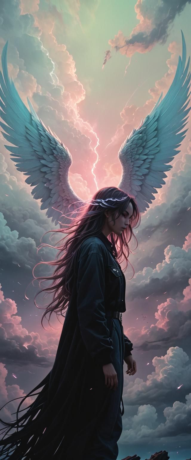 Horrorcore, soft pastels, "beautiful fallen angel, long flow...