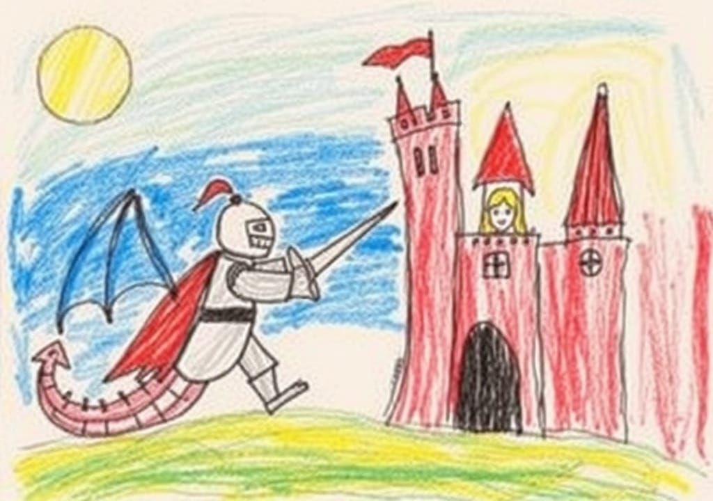 Knight and Dragon Rescue in Crayon Style
