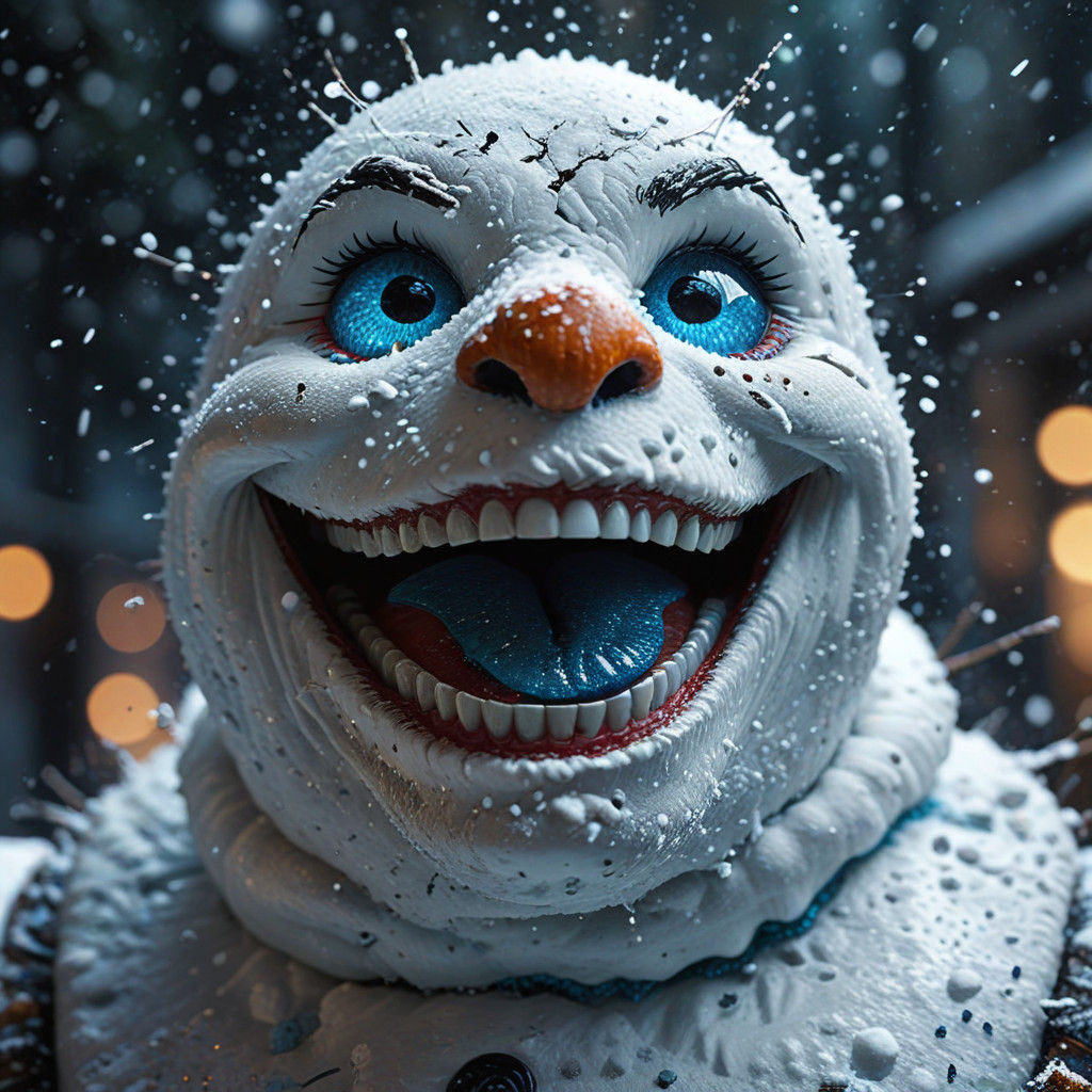 Hyper-Realistic Snowman Portrait in Vibrant, Chaotic Backgro...