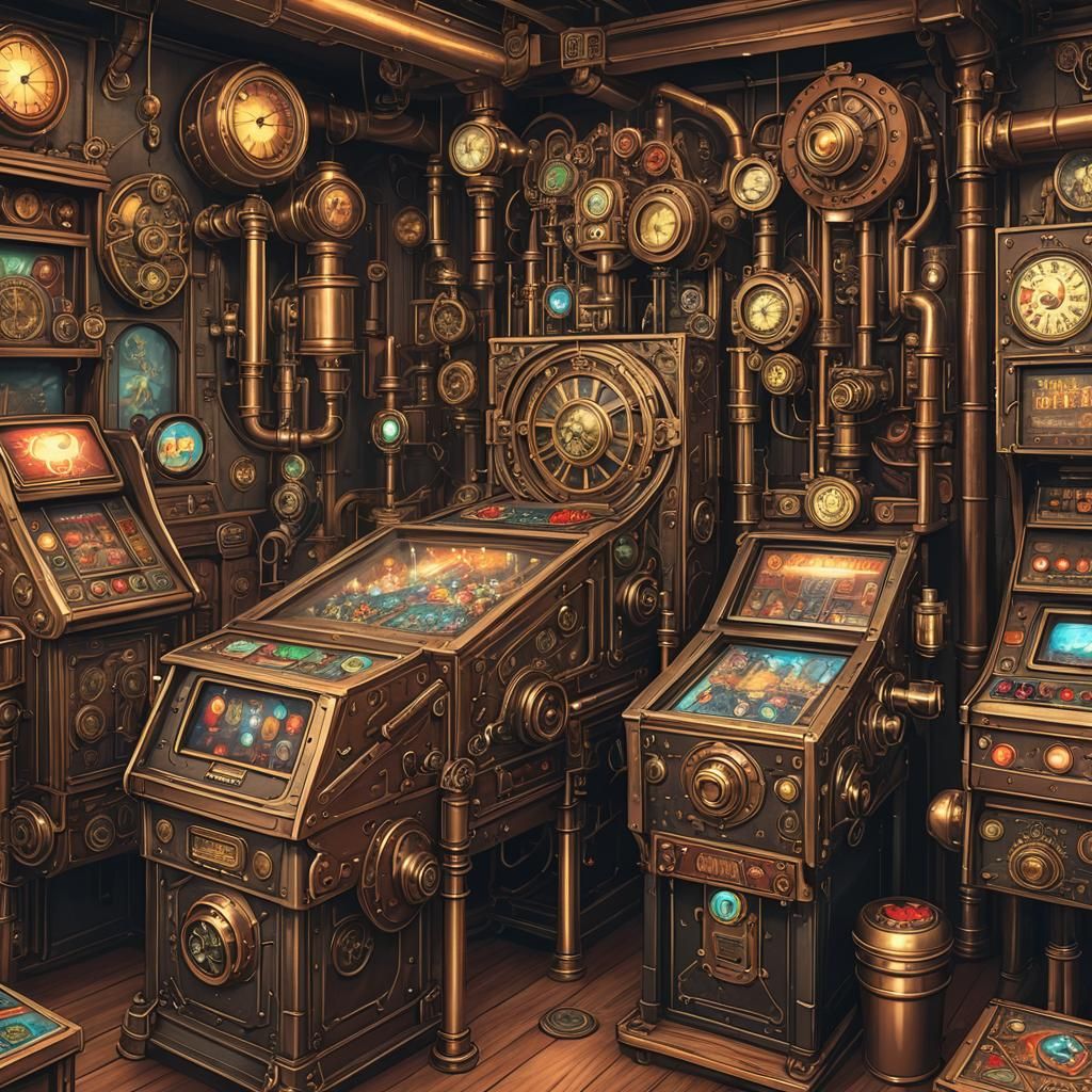 Steampunk Arcade with Pinball Games and Engines