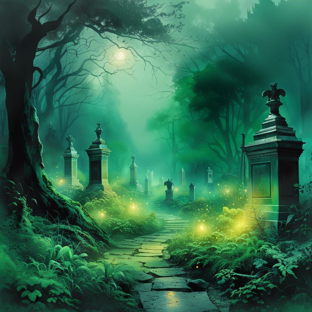 Misty Cemetery at Night: A Watercolor Fantasy