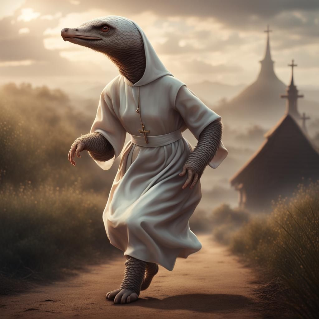 An anthropomorphic pangolin dressed as a nun and jogging.