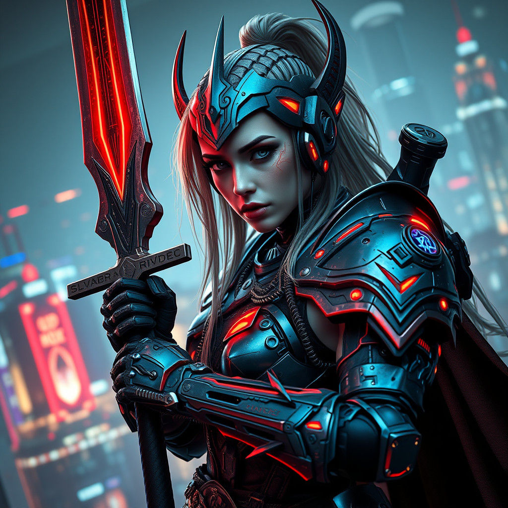 Cyborg Viking Shield Maiden in Cyberpunk City