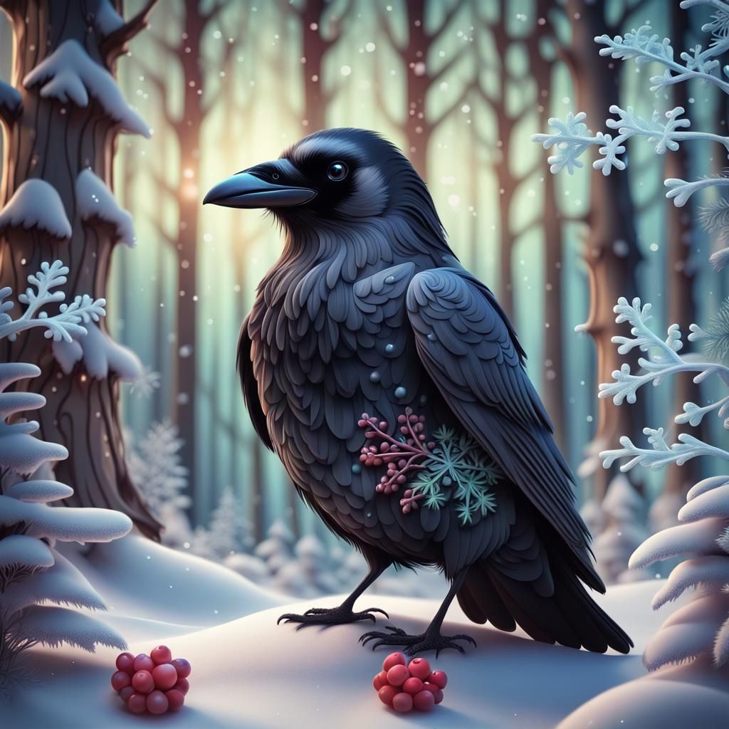 3D Raven Portrait in Winter Forest