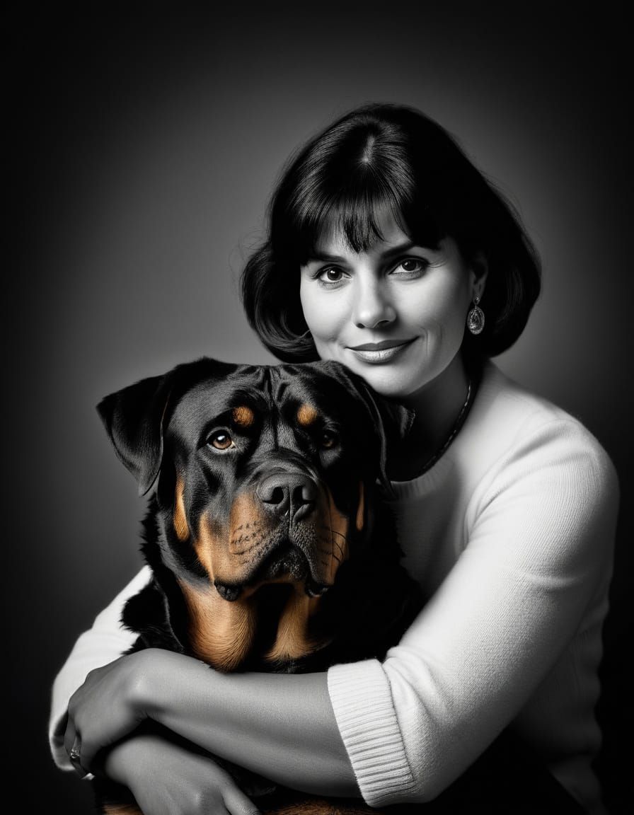 Timeless Portrait of Woman and Rottweiler in Black and White