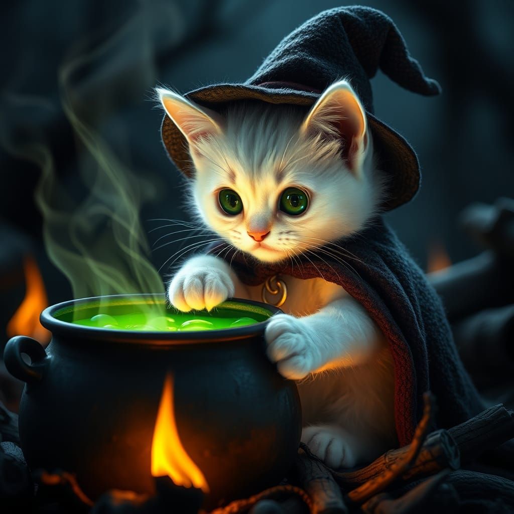 Cat Witch Stirring Potion in Mystical Realism
