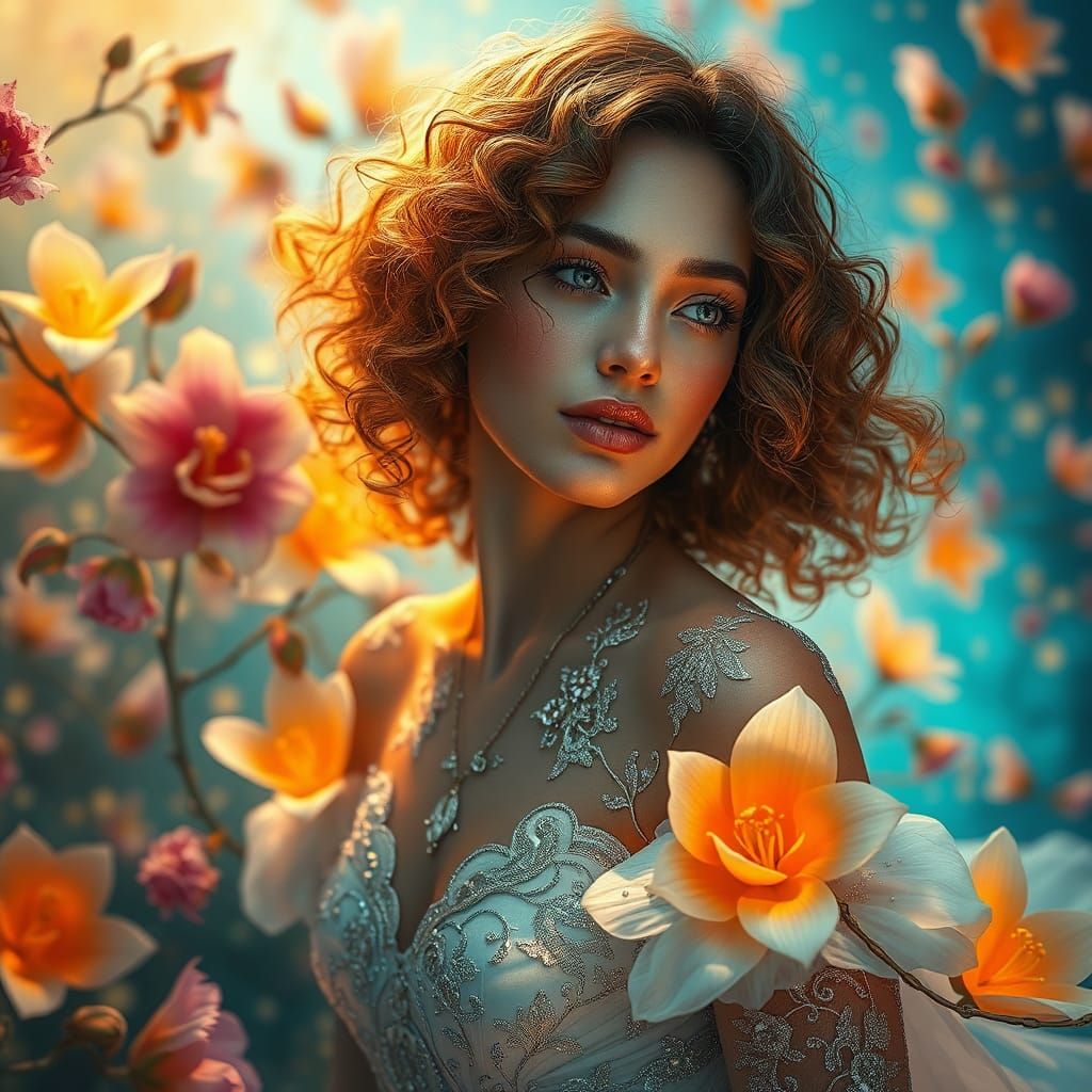 Woman in Floral Fantasy World, Hyperrealistic Style