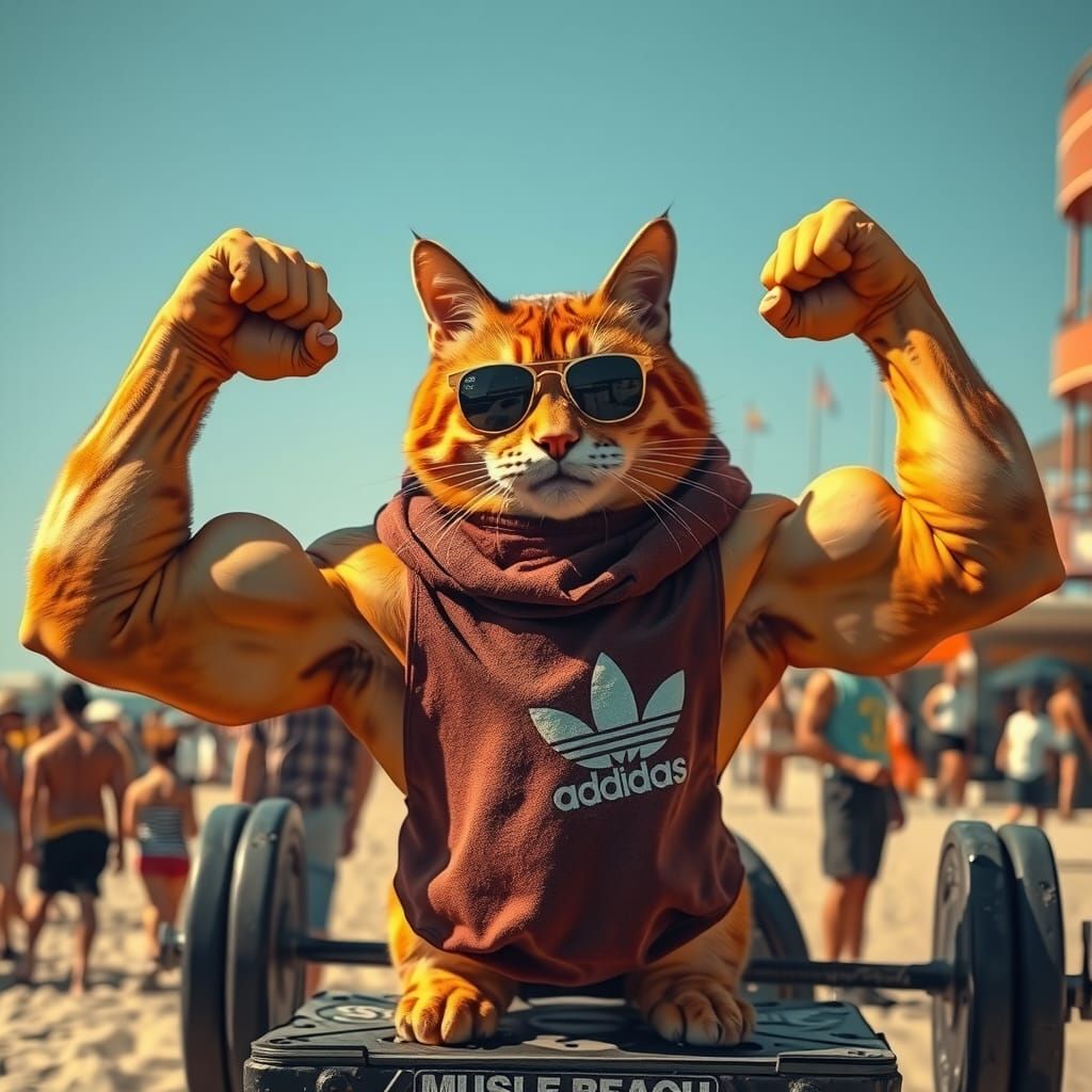 Muscular Cat Flexing at Muscle Beach in Neon Style
