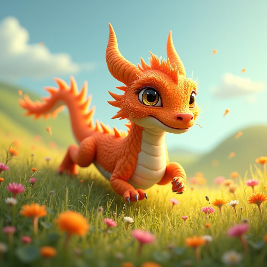 Orange Dragon in Monet-Inspired Art Nouveau Meadow