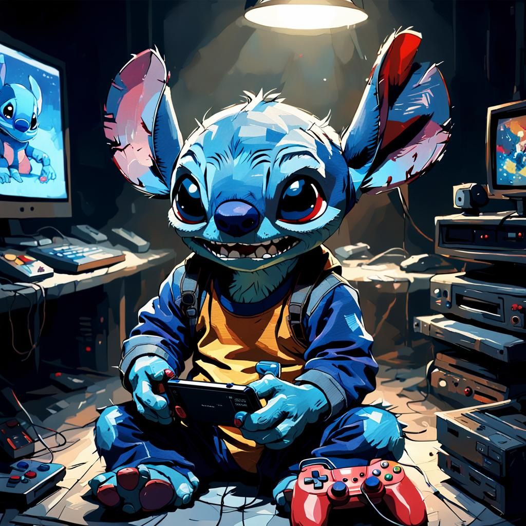 Stitch Playing Video Game: Detailed Digital Concept Art