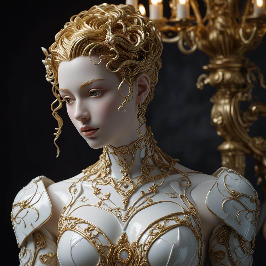 Porcelain Android Sculpture in Rococo Biomech Style