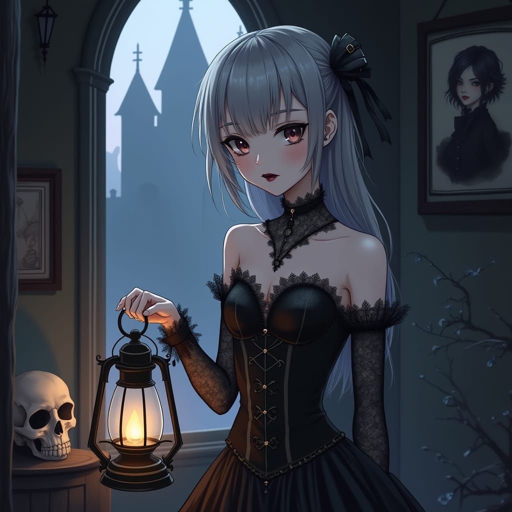 Gothic Anime Girl in Dimly Lit Castle Room