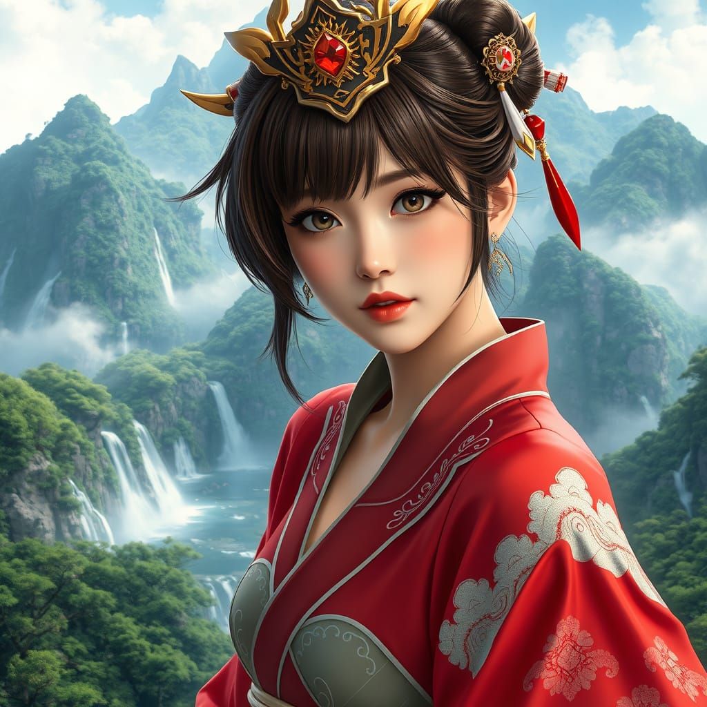 Regal Japanese Pop Star in Serene Mountain Landscape