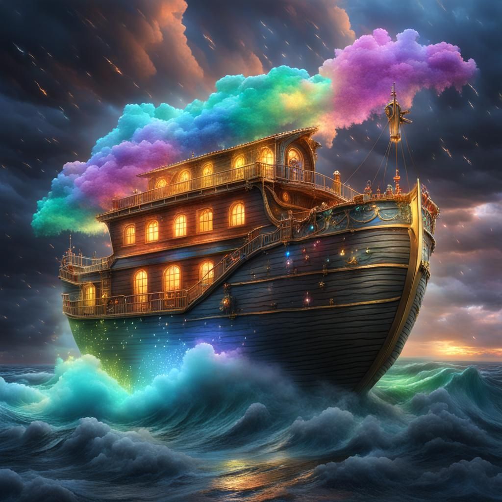Bioluminescent Crystal Noah's Ark on Stormy Sea