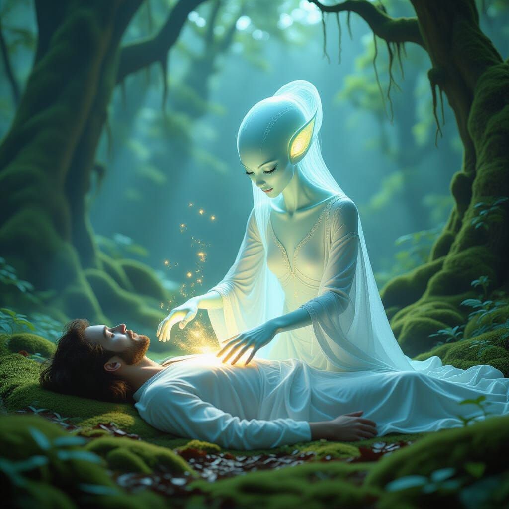 Ethereal Alien Heals Human in Mystical Forest