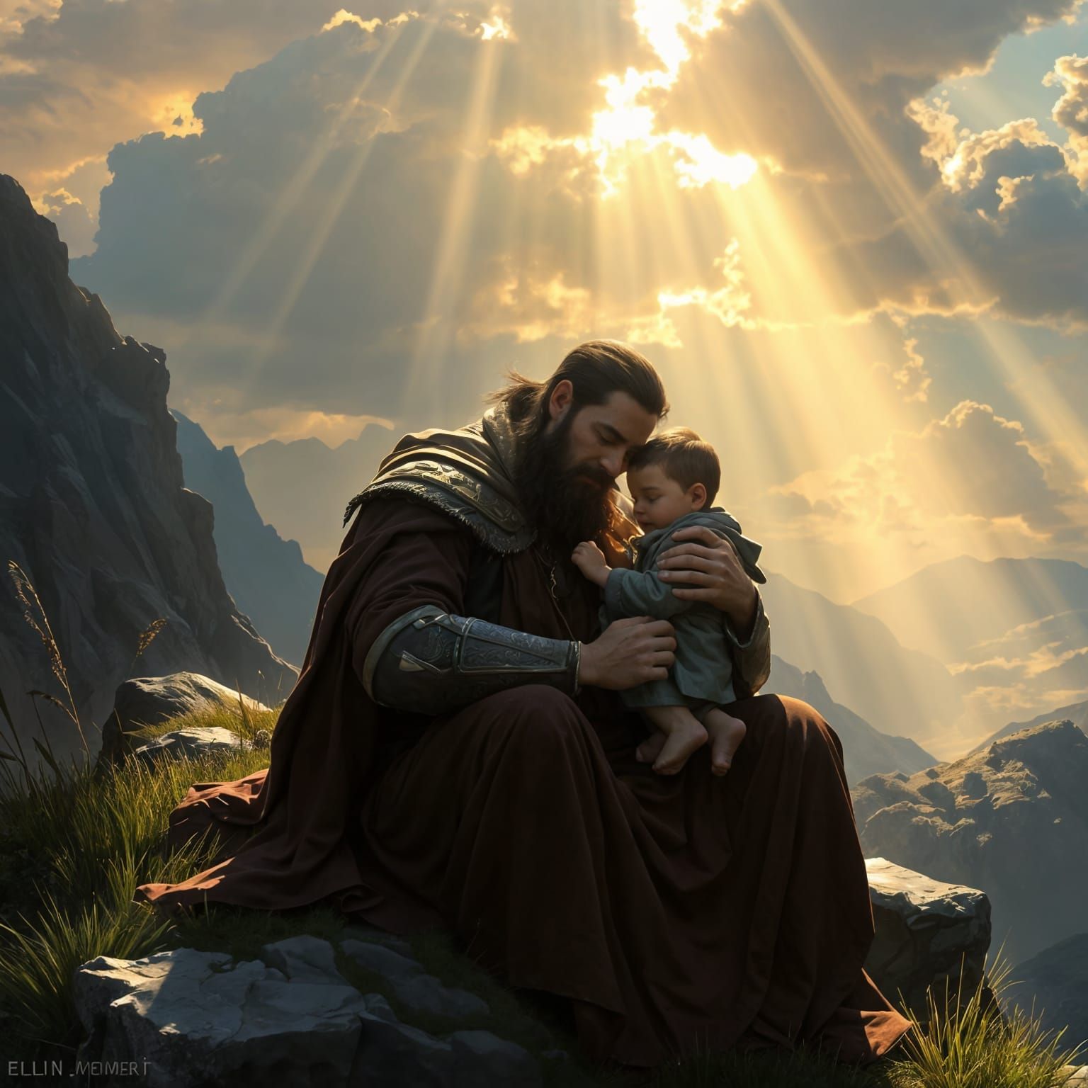 Monk and Child in an Epic Fantasy Landscape