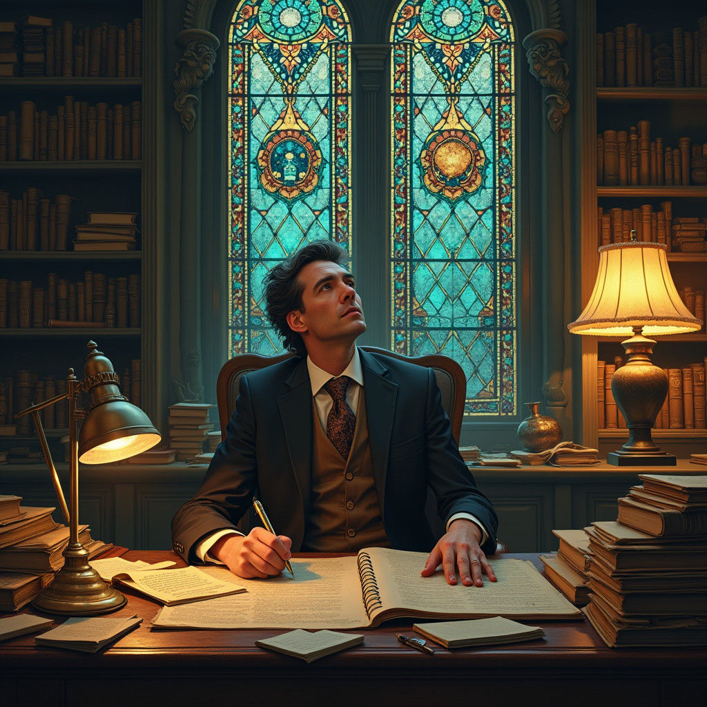 Man Gazing at Pulsing Stained Glass Ceiling