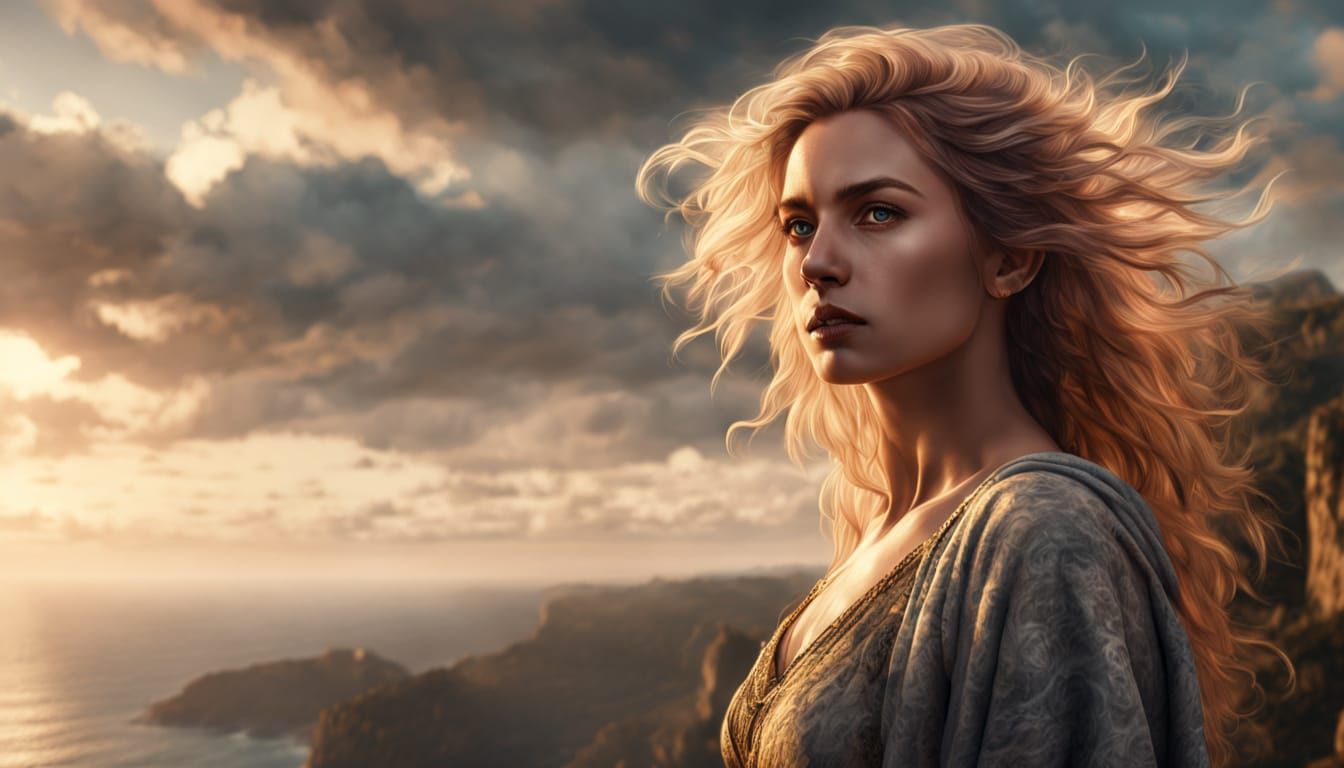 Fantasy Woman on Cliff in Dramatic Light