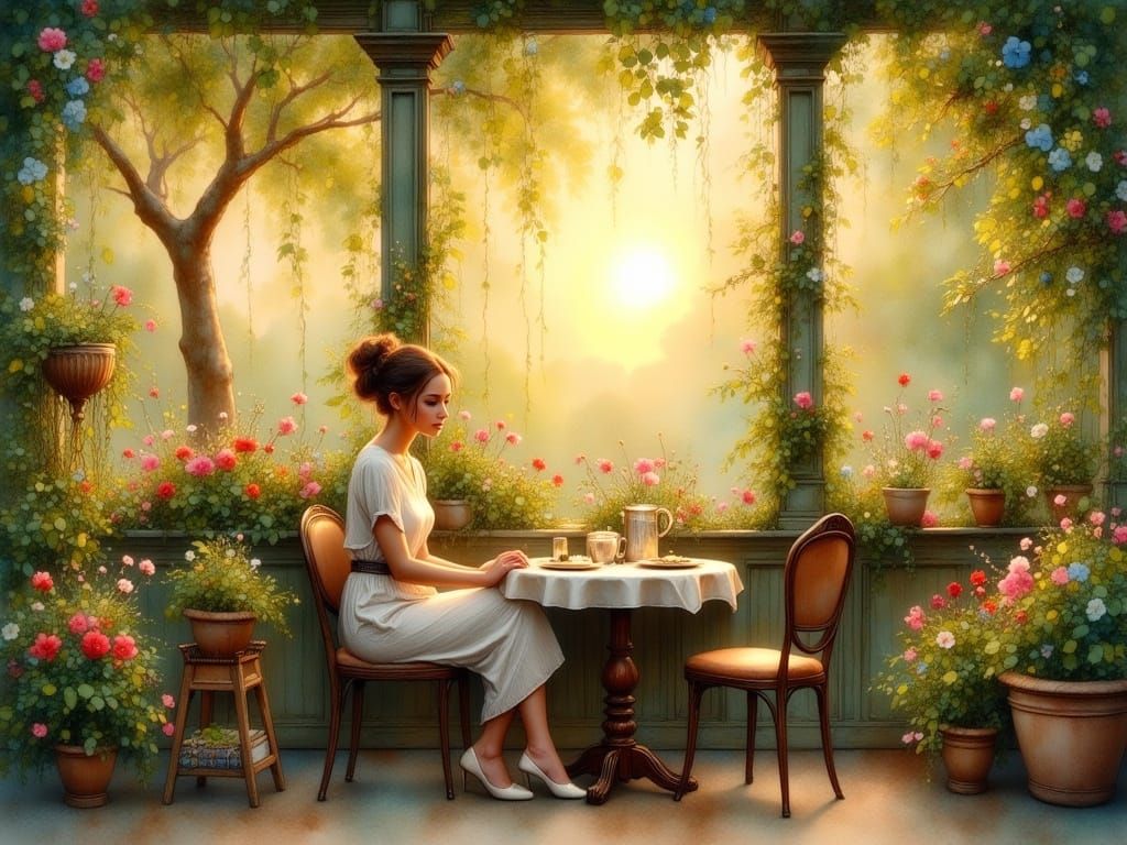 Whimsical Woman in a Quaint Cafe