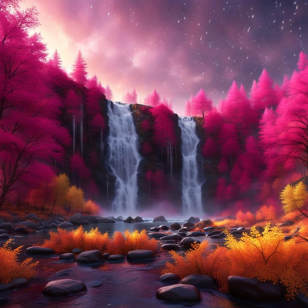 Magenta Autumn Waterfall with Aurora Borealis