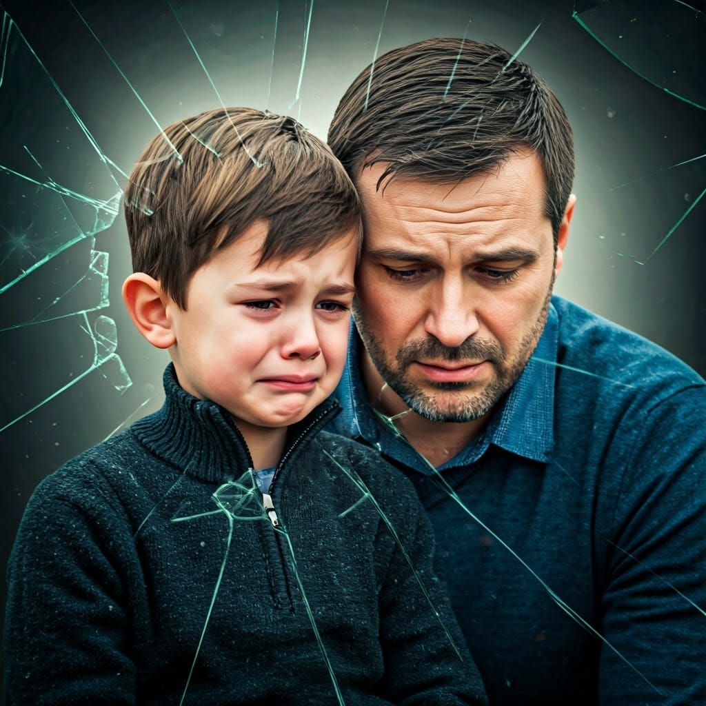 Sorrowful Scene: Boy and Father in Broken Glass Style