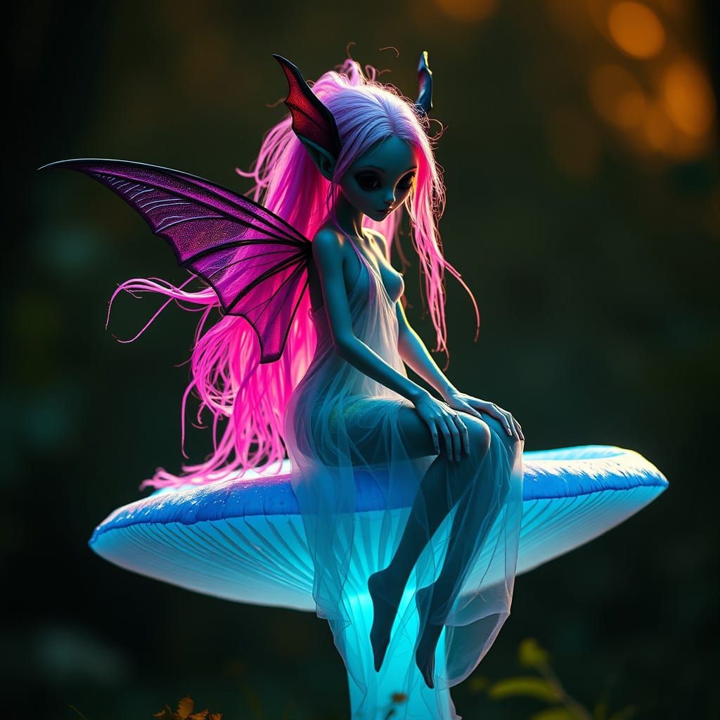 Enchanted Fairy Goddess Sits on Electric Blue Mushroom in Mo...