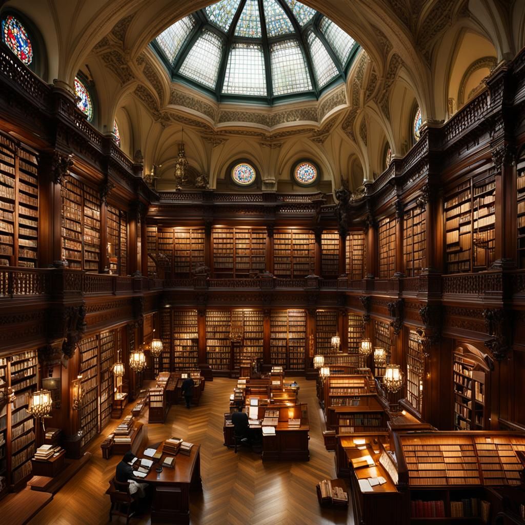Medieval Library with Victorian Librarian and Dragon Statue