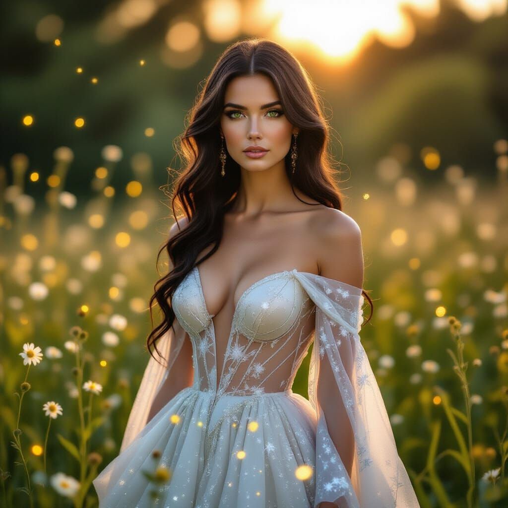 Elegant Woman in Starlight Gown: Pre-Raphaelite Style