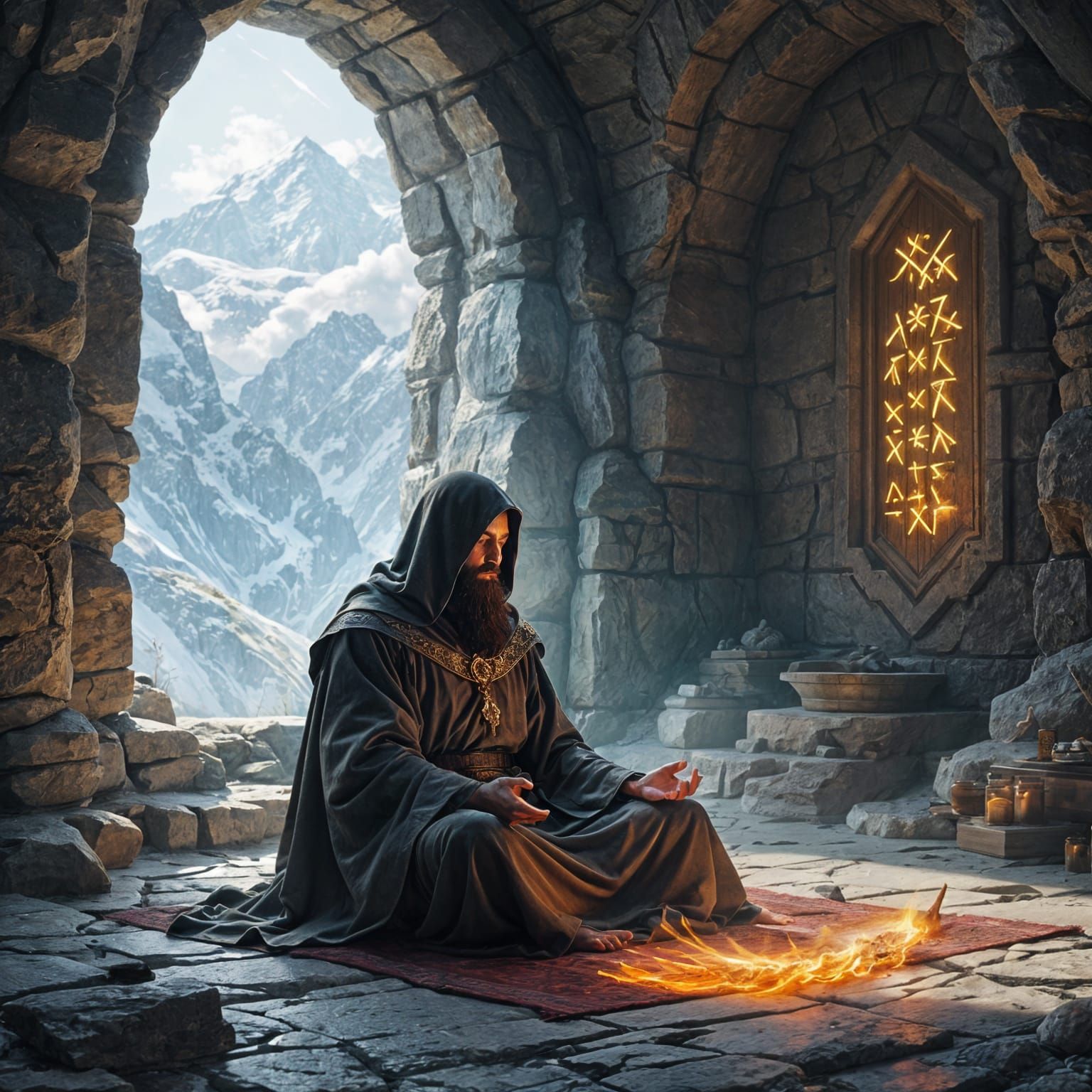 Slavic Monk Meditating in Ethereal Mountain Temple