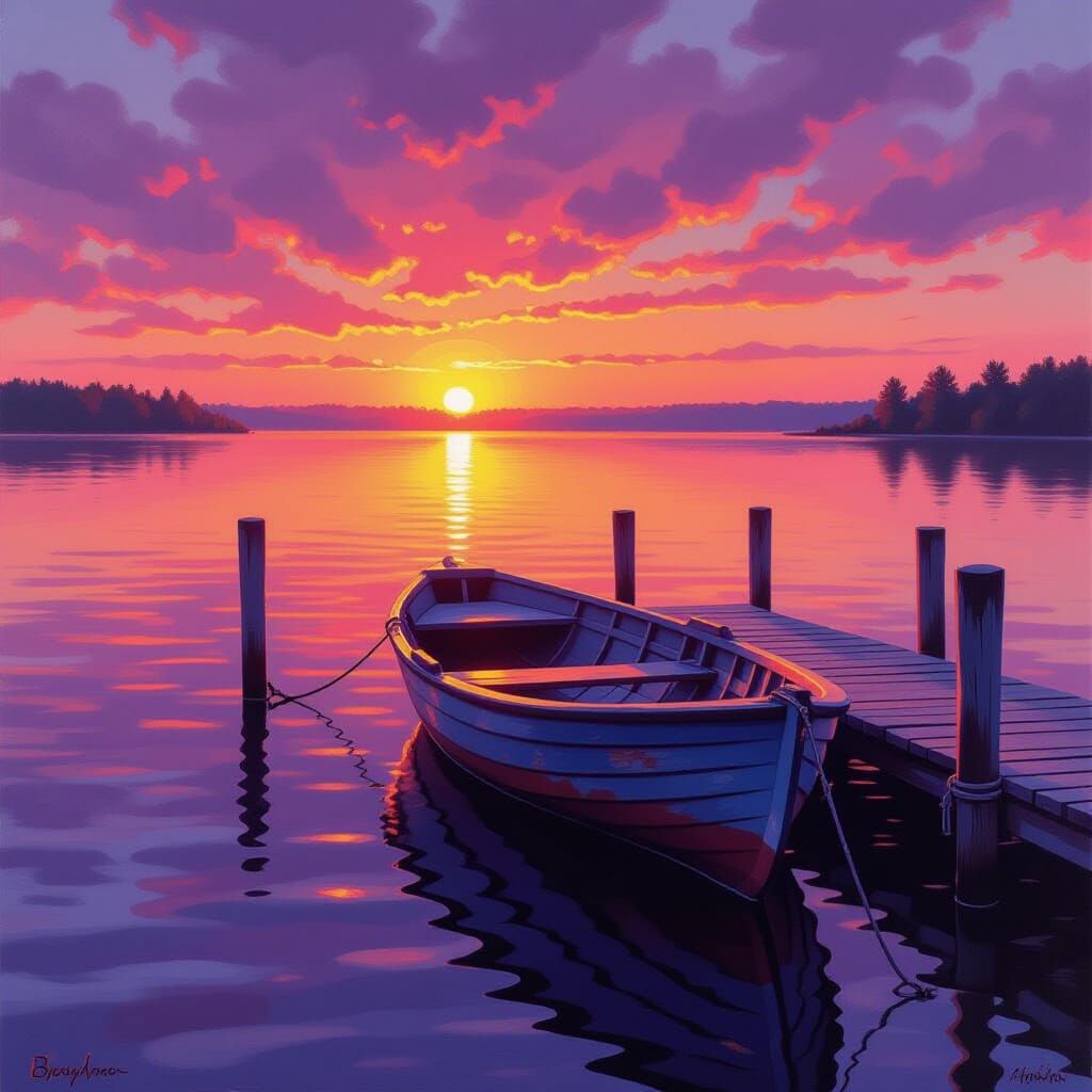 Impressionist Sunset Over Calm Lake with Abandoned Pier and ...