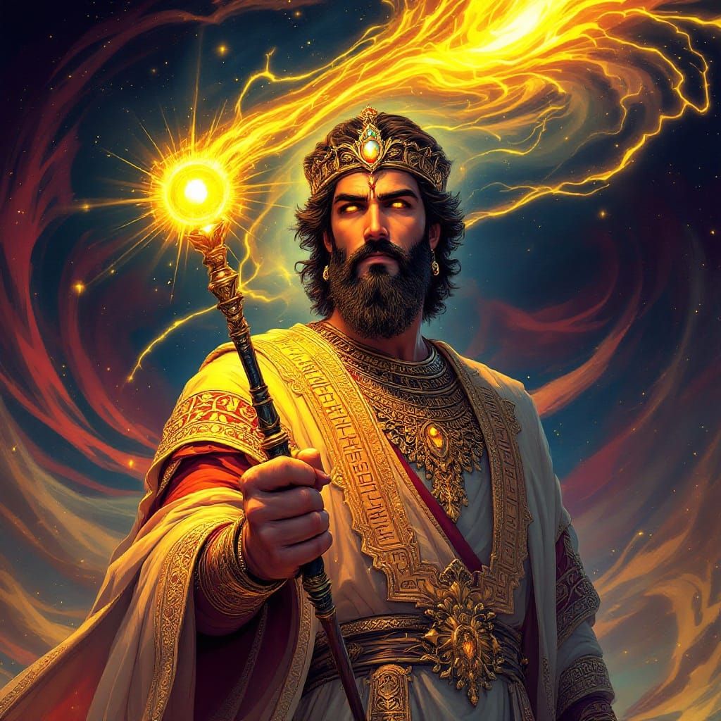 Persian King Cyrus the Great Wields Magic Wand with Glowing ...