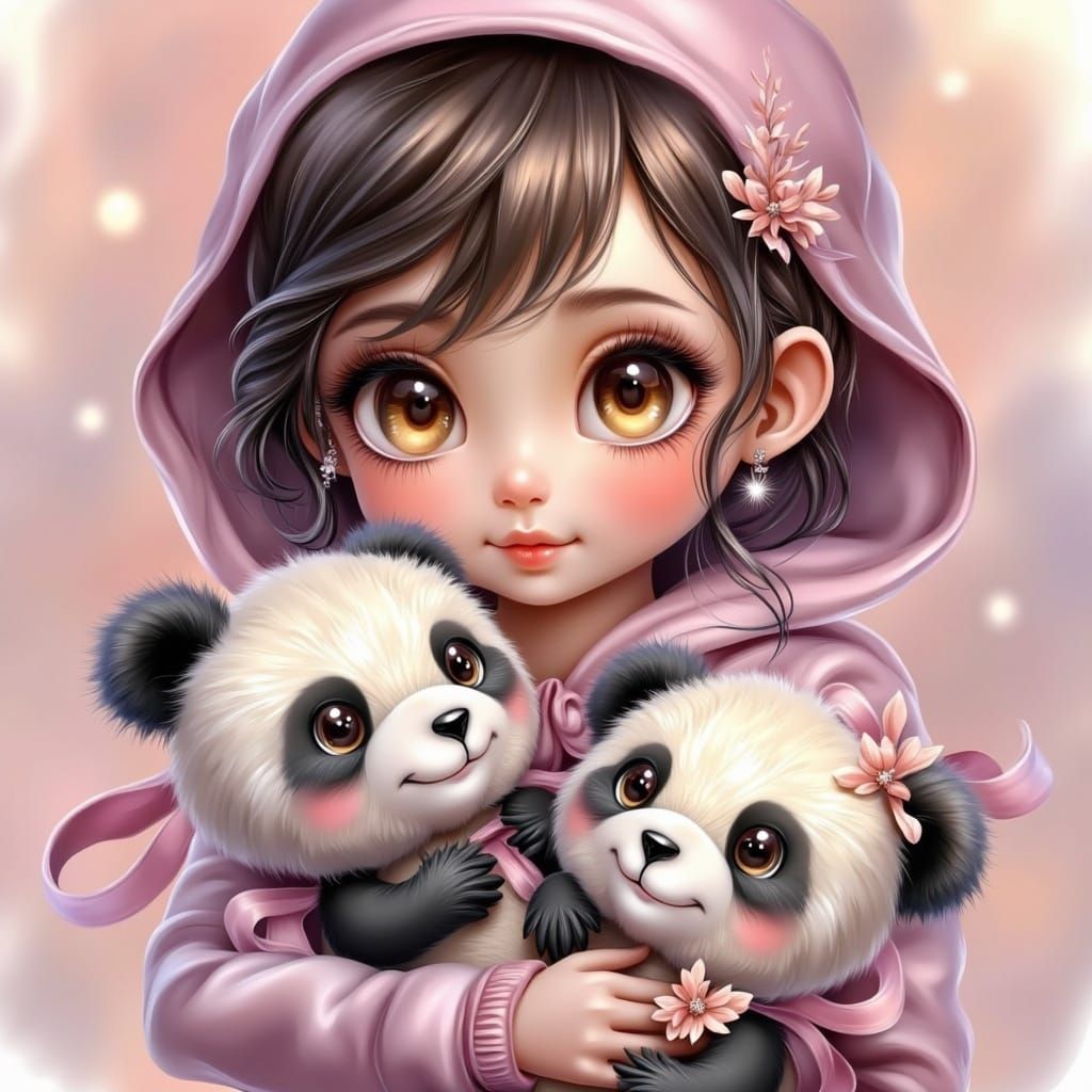 Sweet Girl Hugs Her Panda in a Vibrant Pink World